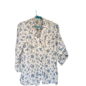 Indigo Rose Button Up Blouse White Blue Roses Size M
